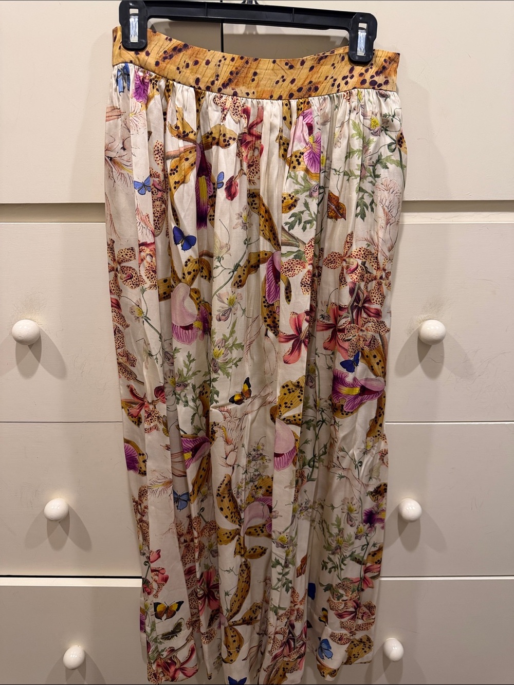 Botanical Butterfly Print Cream Maxi Skirt with Yellow Waistband